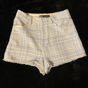 Zara High Waist Tweed Shorts in Blue and White